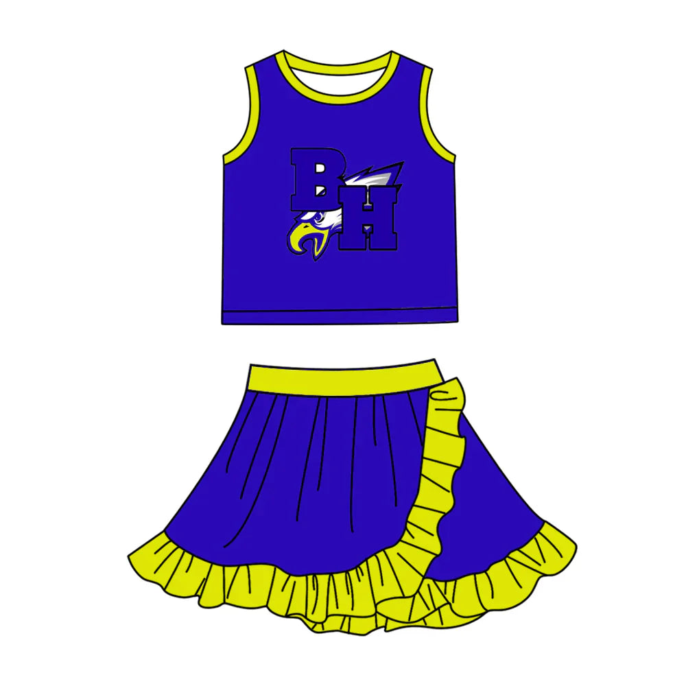 (Custom Preorder MOQ 5) Baby Girls Hot Blue BH Eagles Vest Top Ruffle Skirt Short Team Clothes Sets
