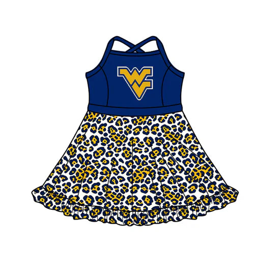 (Custom Preorder MOQ 5) Baby Girls Strap Leopard WV Team Knee Length Dress )