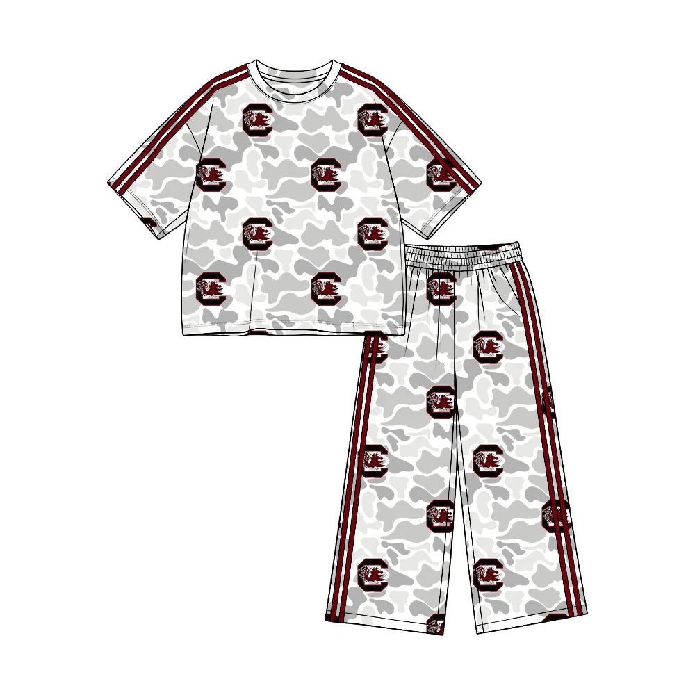 (Custom Design Preorder MOQ 5) Teams Gamecocks Grey Camo Print Straight Pants Girls Clothes Set