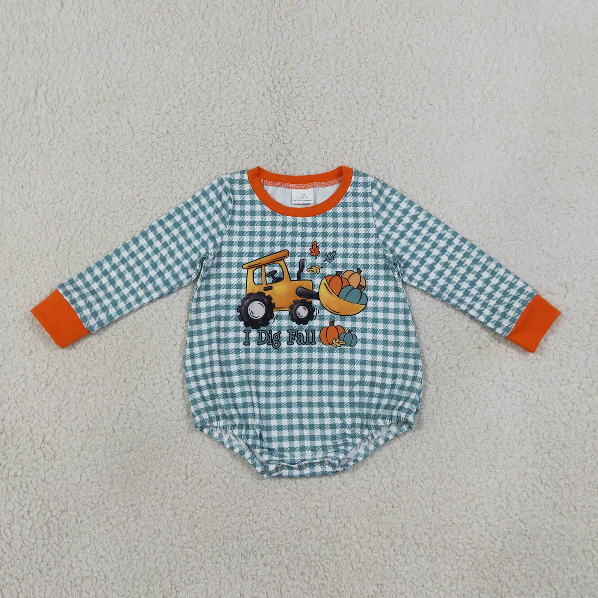 Baby Boys Green Gingham Tractor Pumpkin "I Dig Fall" Print Infant Thanksgiving Romper