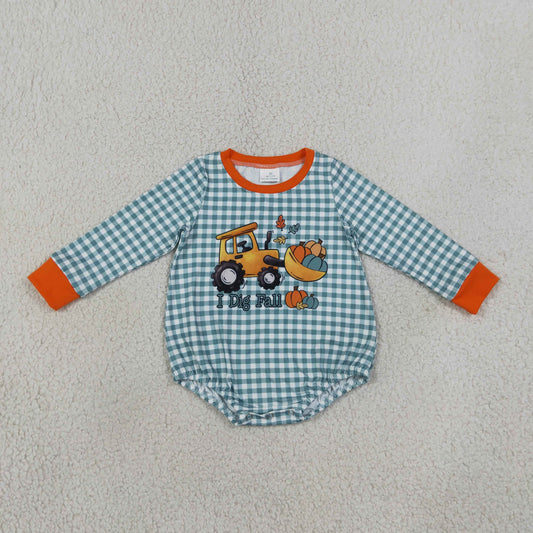 LR3237 I Dig Fall Bulldozer Pumpkin Checkered Baby Boys Fall Romper