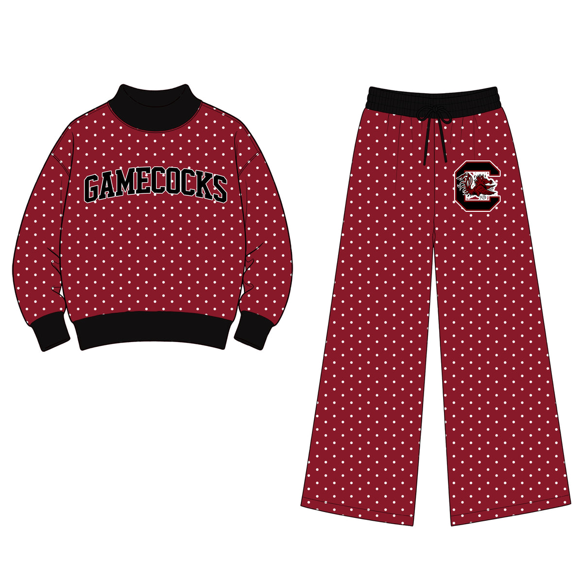 (Custom Design Preorder MOQ 5 Each) Teams GAMECOCKS Polka Dots Mock Necks Top Logo Pockets Pants Girls & Woman Clothes Set