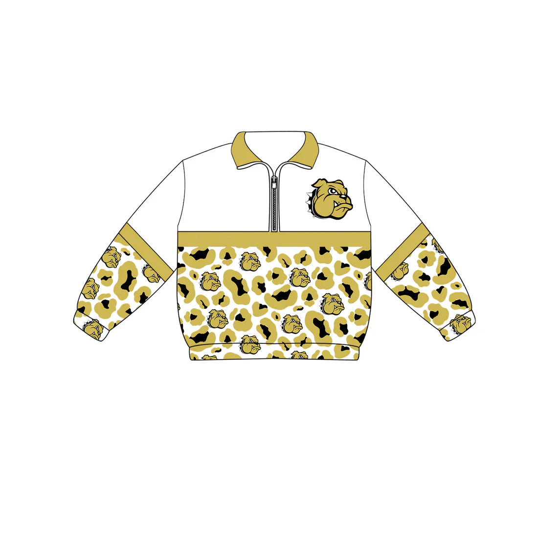 (Custom Preorder MOQ 5) Baby Boys Long Sleeve Gold Leopard Bulldogs Team Zip Pullovers Top