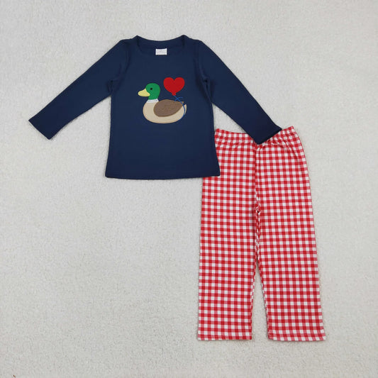 Sibling Baby Girls Boys Embroidery Duck Heart Navy Top Red Gingham Pants Set Footie Romper