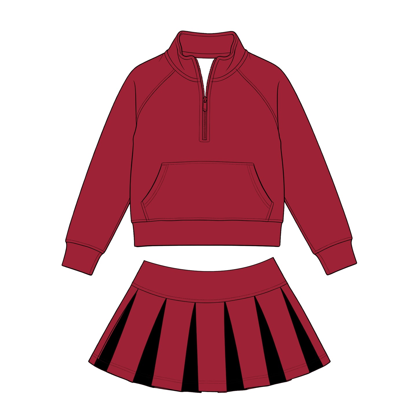 (Custom Design Preorder MOQ 5) Kids Girls Sport Team Dark Red Long Sleeve Pullover Top with Skort Outfit