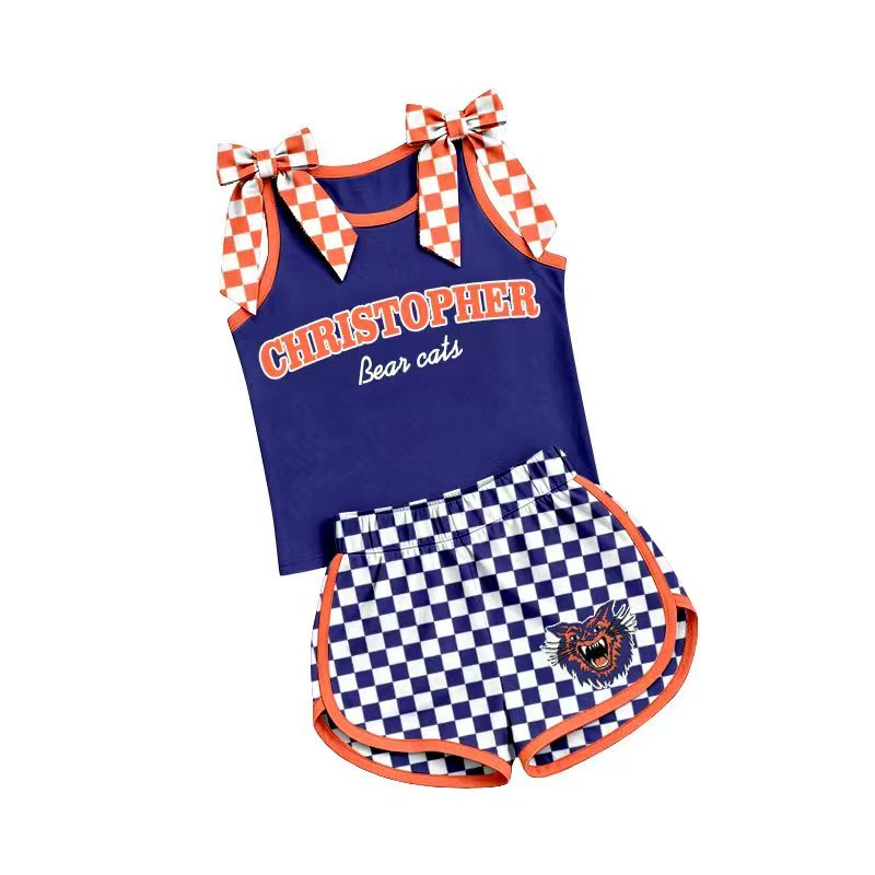 (Custom Design Preorder MOQ 5) Girls Christopher Bow Strap Tank & Purple Checked Shorts Sport Team Outfit
