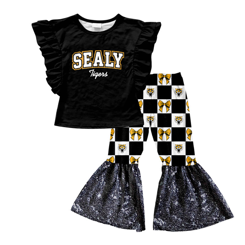 (Custom Design Preorder MOQ 5) Teams Sealy Tigers Black Top Sequin Bell Pants Girls Clothes Set