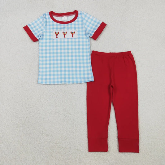 Sibling Baby Boys Girls Embroidery Anchor Crayfishes Mardigras Checked Clothes Set Dress Romper