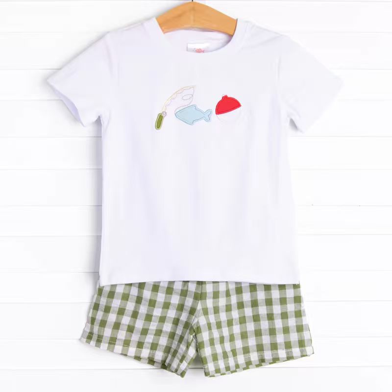 (Custom Design Preorder MOQ 5) Fishing White Top Green Plaid Shorts Boys Summer Outfits