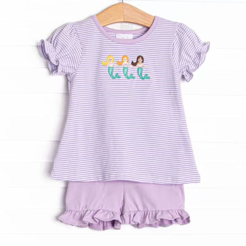 (Custom Design Preorder MOQ 5) Mermaid Stripes Top Ruffle Shorts Girls Summer Outfits