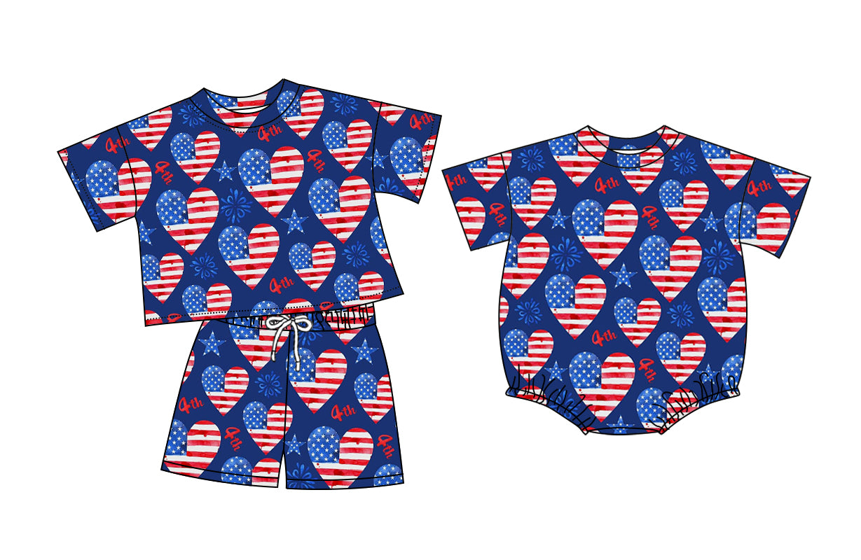 (Custom Design Preorder MOQ 5 Each Item) Flag Hearts Print Baby Girls 4th of July Romper & Outfits Sisters Wear