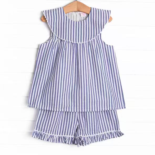 (Custom Design Preorder MOQ 5) Blue Stripes Tunic Top Ruffle Shorts Baby Girls Summer Outfits
