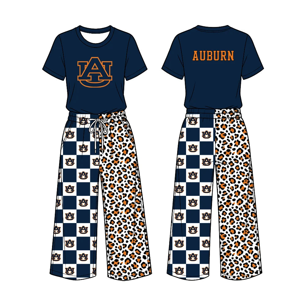 Preorder( 5 MOQ) Baby Girls Sport Team Auburn Short Sleeve Top Checker Leopard Pants Outfit