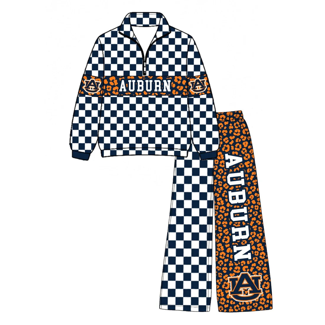 (Custom Design Preorder MOQ 5) Baby Boys Navy Checked Leopard Auburn Zip Pullover Pockets Pants Team Clothes Sets