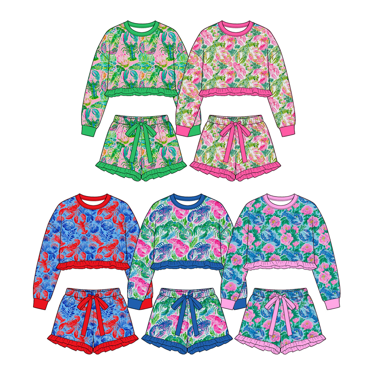 (Custom Design Preorder MOQ 5 Each)Seaweed Flowers Crayfish Print Long Sleeve Top Shorts Girls Clothes Set Sisters Wear