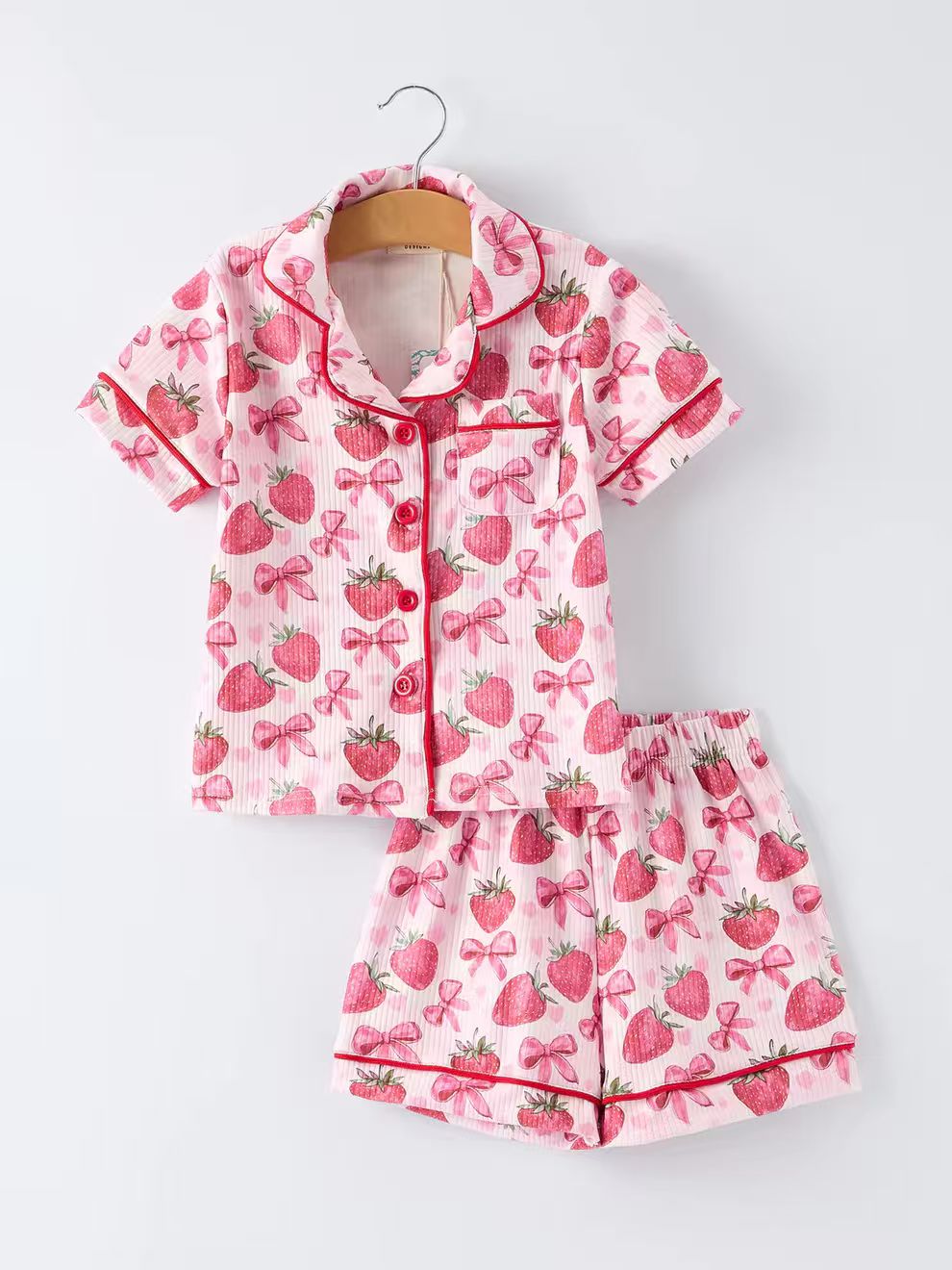(Custom Design Preorder MOQ 5) Strawberry Bows Ribbed Pocket Top Shorts Baby Girls Summer Button Pajamas Outfits