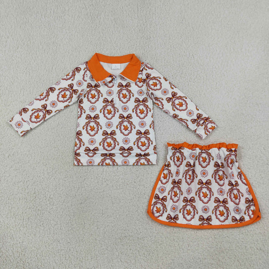 GLD1602 Leaf Flowers Bows Zipper Pullover Top Skort Girls Fall Clothes Set