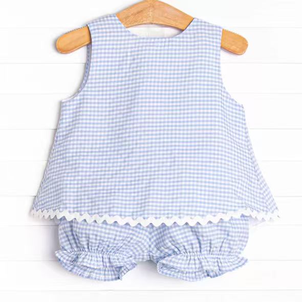 (Custom Design Preorder MOQ 5) Blue Plaid Sleeveless Tunic Top Shorts Baby Girls Summer Outfits
