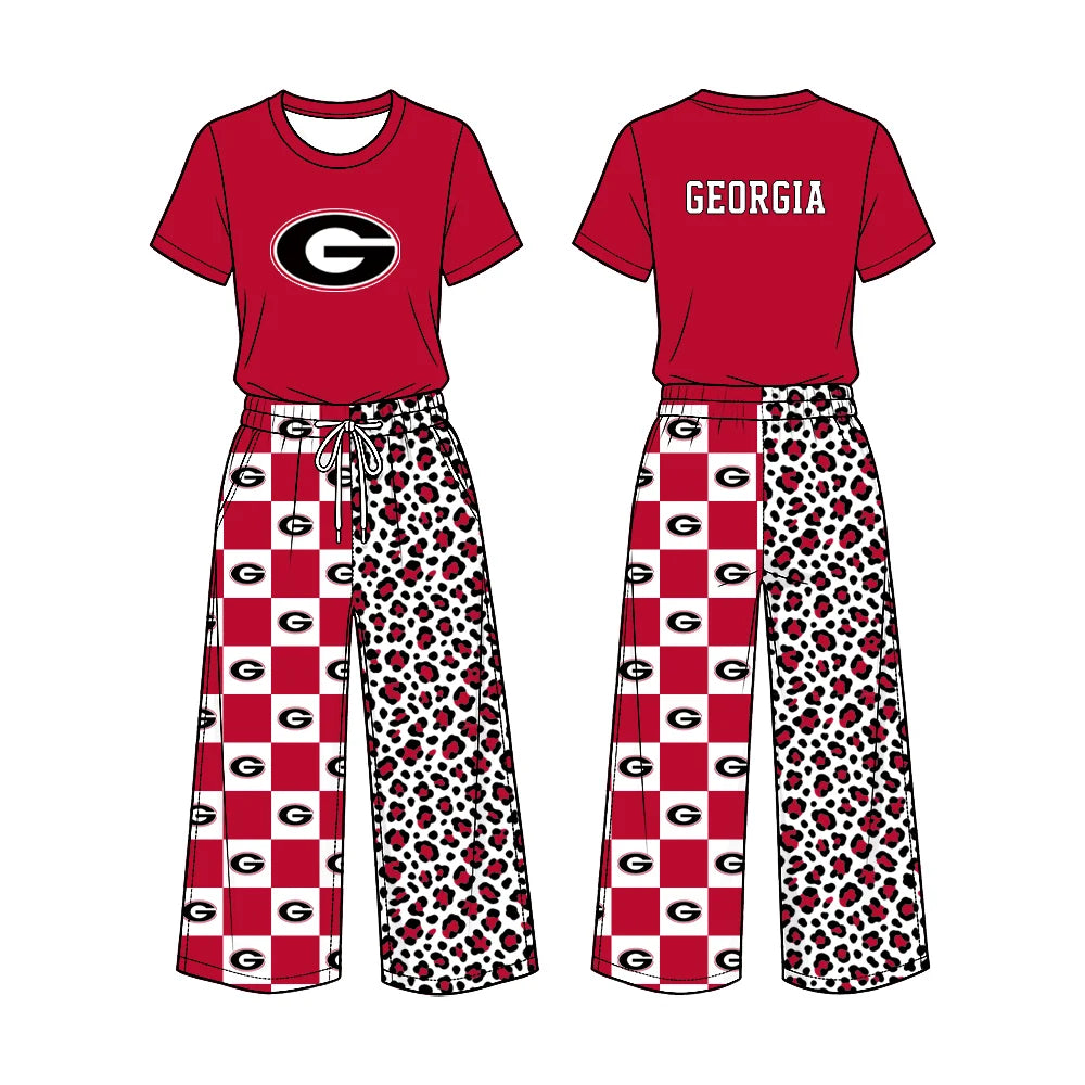Preorder( 5 MOQ) Baby Girls Sport Team Georgia Short Sleeve Top Checker Leopard Pants Outfit