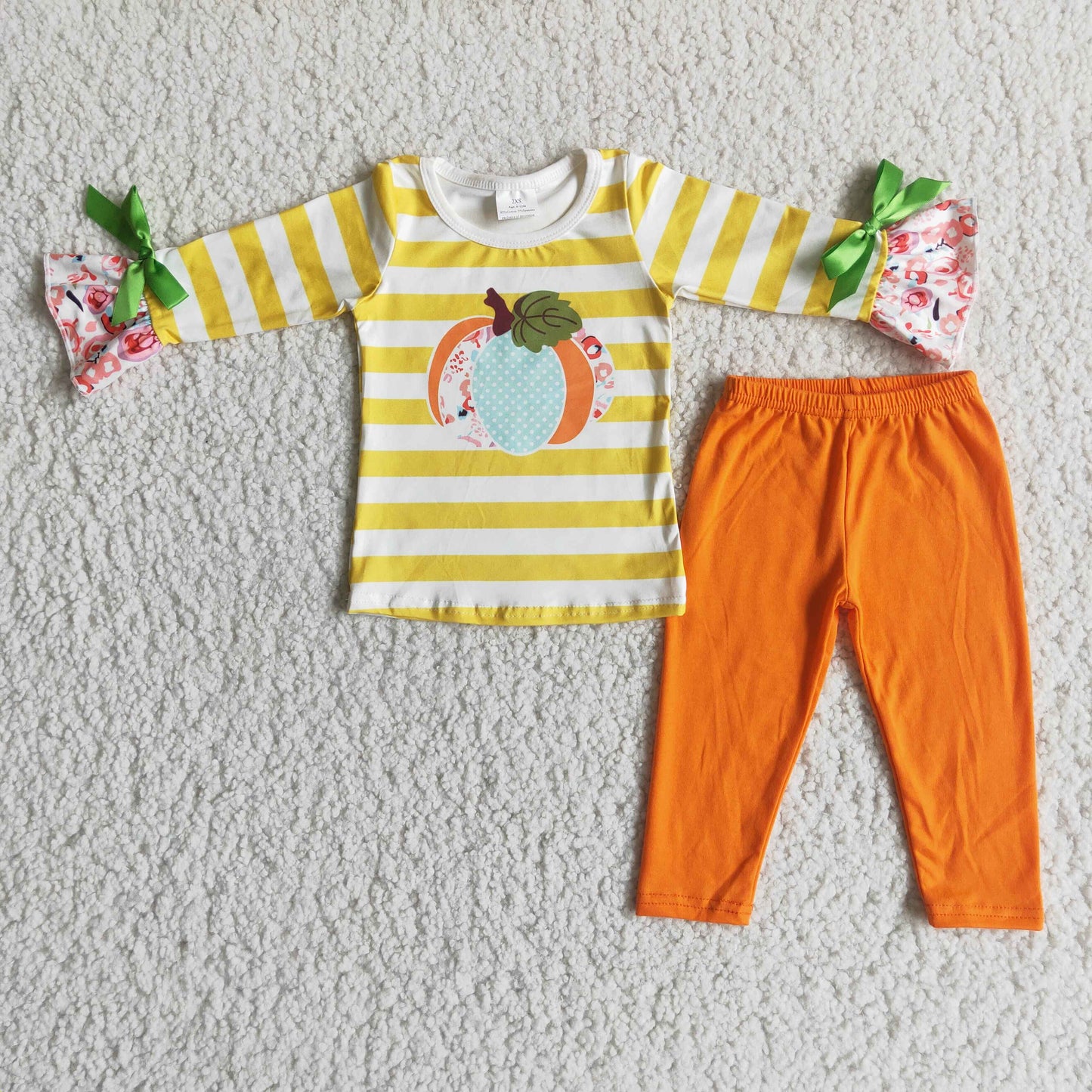 6 A10-14 Pumpkin Stripes Top Orange Capri Pants Girls Fall Clothes Set