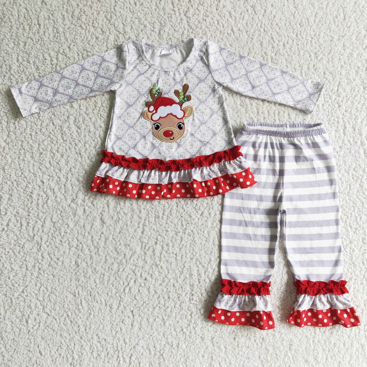 Girls long sleeve Christmas RUDOLPH embroidery outfits 6 A13-27