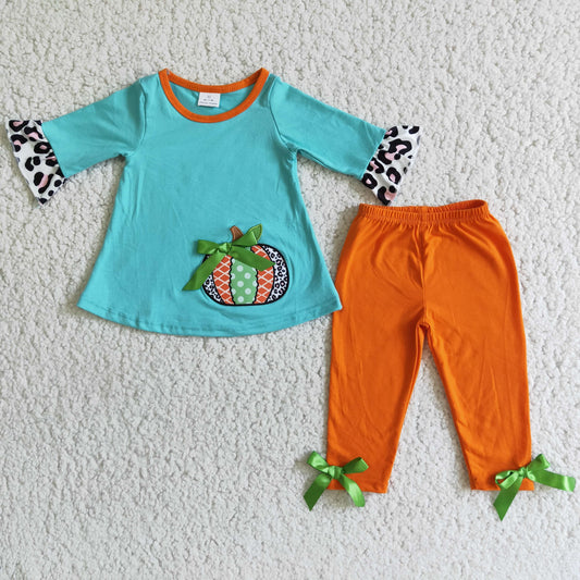 6 A3-12 Pumpkin Embroidery Blue Top Orange Capri Pants Girls Fall Clothes Set