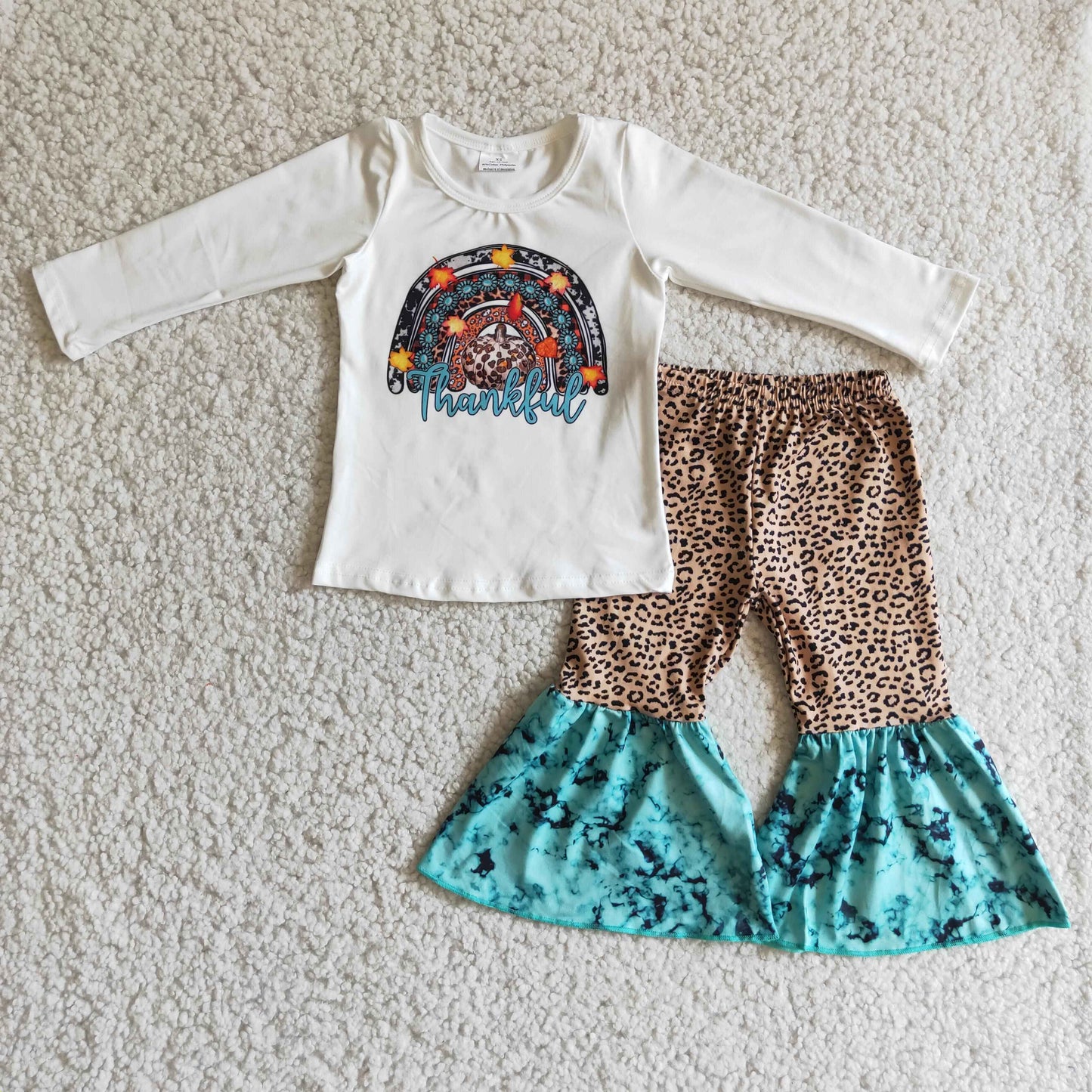 6 A3-15 Thankful Pumpkin White Top Leopard Bell Pants Girls Fall Clothes Set