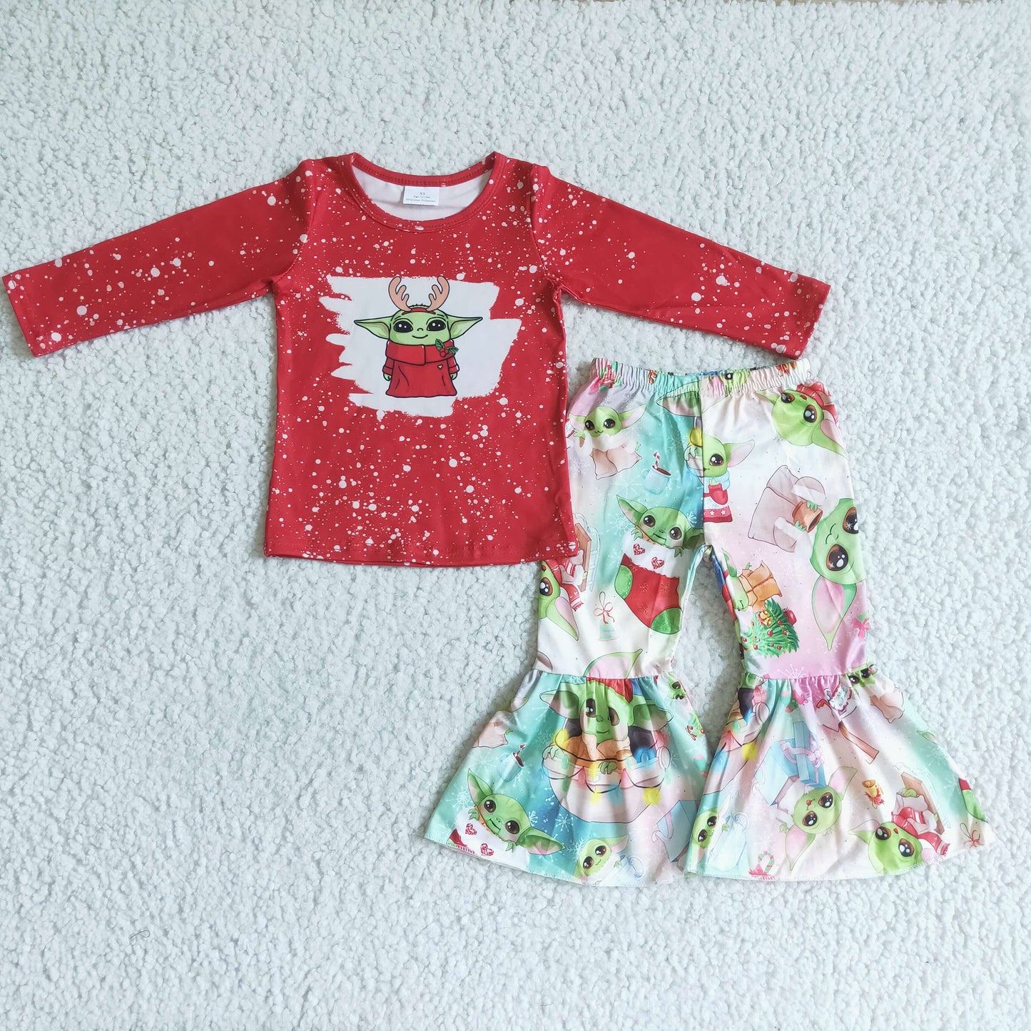 (Promotion) 6 A33-27 Cartoon Characters Red Top Tie-dye Bell Pants Girls Christmas Clothes Set