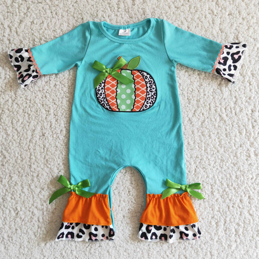6 B2-19 Fall Pumpkin Embroidery Blue Baby Girls Ruffle Romper