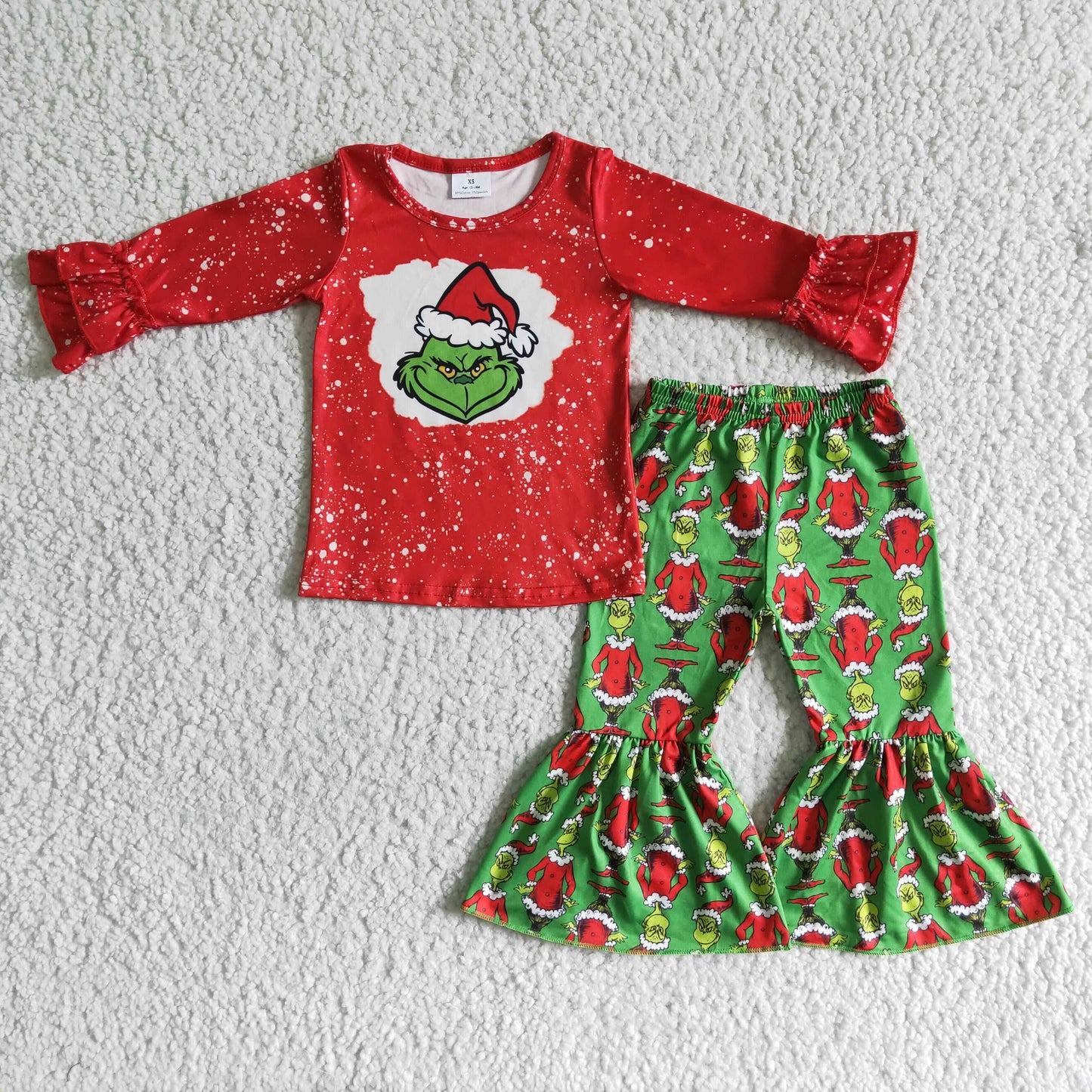 6 B6-37 Green Frog Red Top Bell Pants Girls Christmas Clothes Set