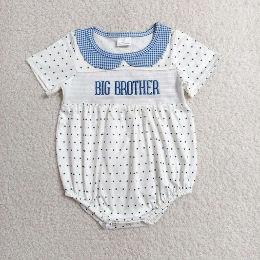 SR3980 Big Brother Embroidery Blue Polka Dot Baby Boys Smocked Bubble Romper