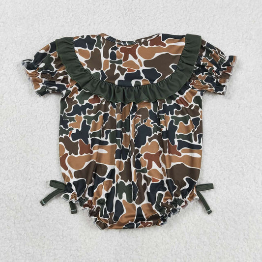 Embroidery Daddy's Girl Green Camo Short Sleeve Bubble Romper With Bow