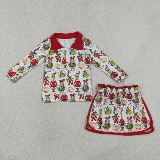 GLD1608 Green Frog Friends Print Zipper Top Skort Girls Christmas Clothes Set