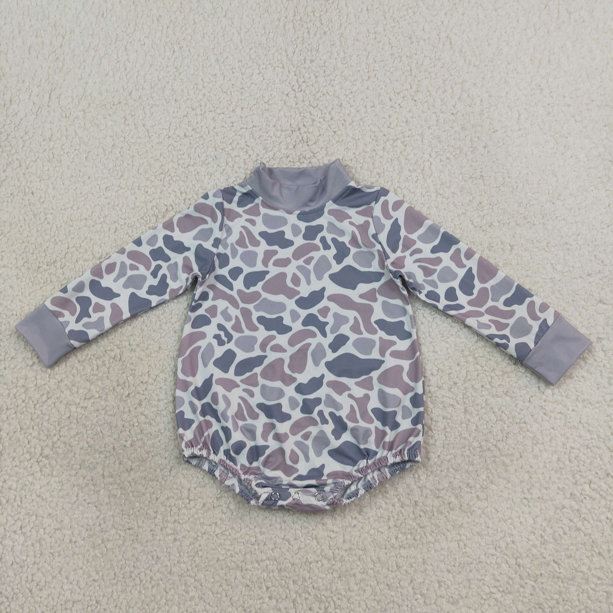 LR3260 Grey Camo Baby Boys Mock Neck Long Sleeve Bubble Romper