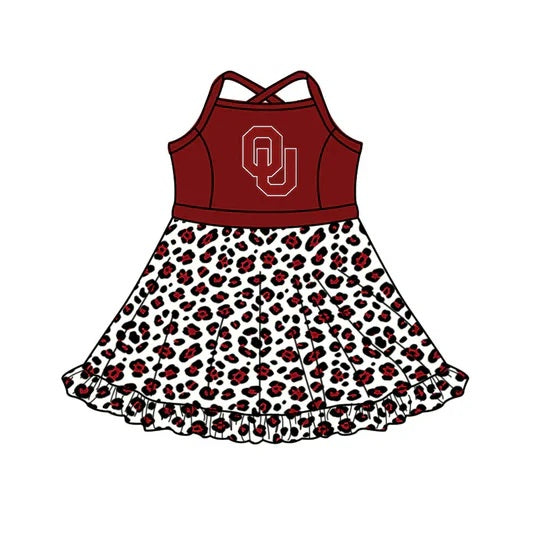 Preorder (moq 5) Baby Girls Sport Team Striped Red Leopard Dress