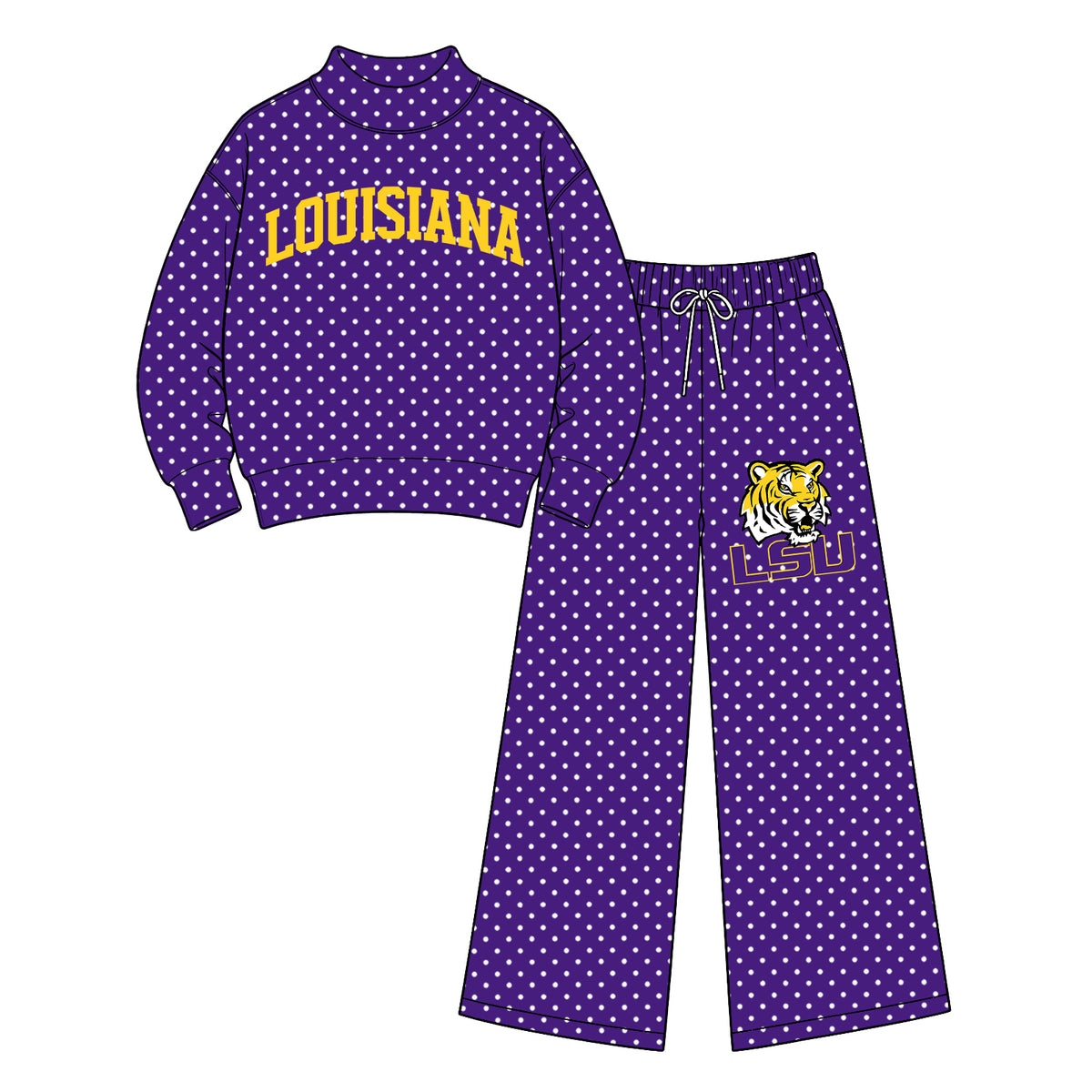 (Custom Design Preorder MOQ 5 Each) Teams Louisiana Polka Dots Mock Necks Purple Top LSU Logo Pockets Pants Girls & Woman Clothes Set