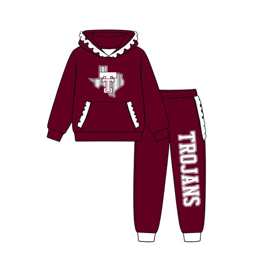 (Custom Design Preorder MOQ 5) Teams Troy Trojans Wine White Ruffles Hoodie Top Pockets Joggers Pants Girls Yoga Clothes Set