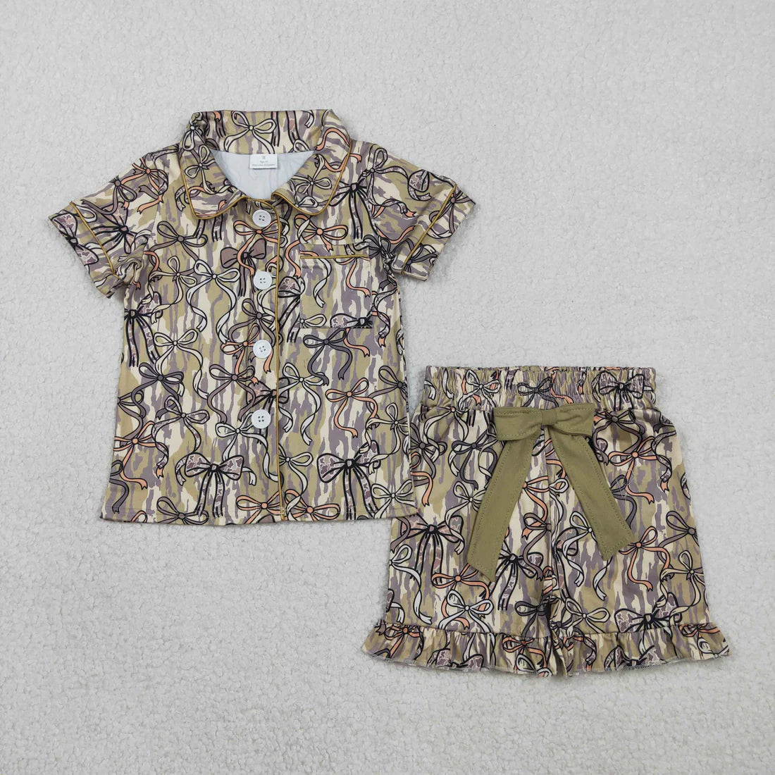 Baby Girls Southern Olive Camo Bows Button Pocket Top Ruffle Shorts Pajamas Sets