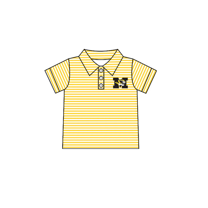 (Custom Design Preorder MOQ 5) Baby Boys Short Sleeve Yellow Stripe M Tigers Team Button Polo Shirt Top