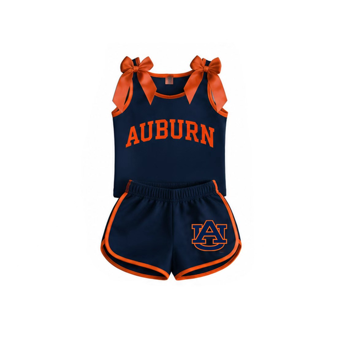 (Custom Design Preorder MOQ 5) Girls Auburn Orange Bow Navy Strap Tank & Shorts 2 Piece Outfit
