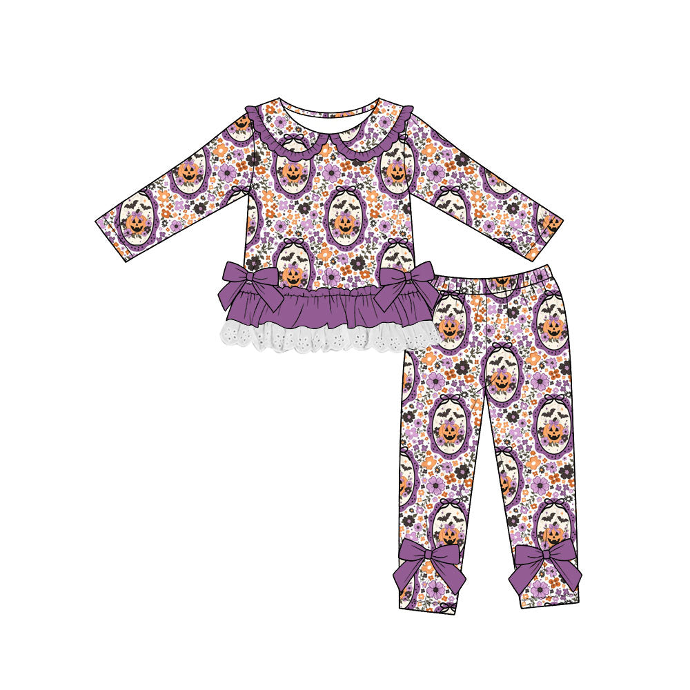 (Custom Design Preorder MOQ 5) Pumpkin Flowers Bows Bat Ruffle Top Legging Pants Girls Halloween Clothes Set