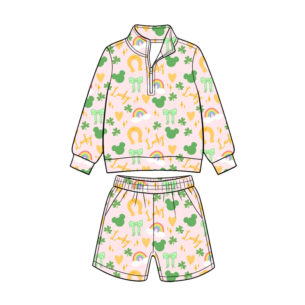 (Custom Design Preorder MOQ 5 Each) Rainbow Bows Print Long Sleeve Zipper Top Shorts Girls St Patrick Day Clothes Set Sisters Wear
