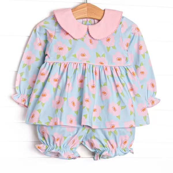 (Custom Design Preorder MOQ 5) Pink Flowers Blue Print Baby Girls Doll Collar Shorts Outfits