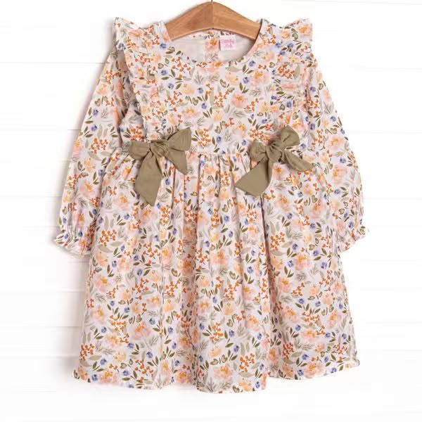 (Custom Design Preorder MOQ 5) Small Orange Flowers Print Girls Fall Long Sleeve Dress