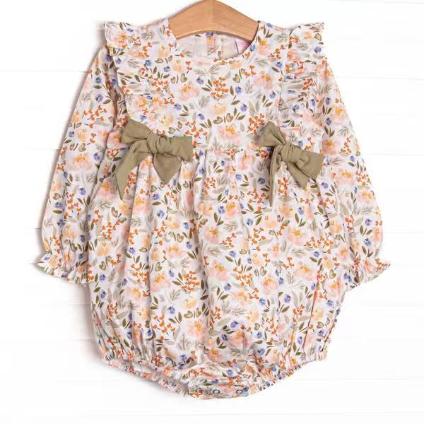 (Custom Design Preorder MOQ 5 ) Small Orange Flowers Print Baby Girls Fall Ruffle Romper