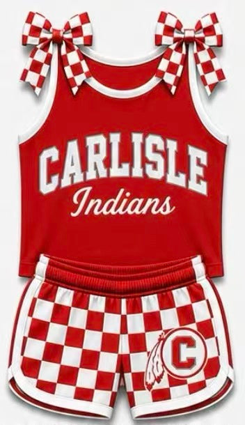 (Custom Design Preorder MOQ 5) Girls Carlisle Bow Strap Tank & Red Shorts Sport Team Outfit