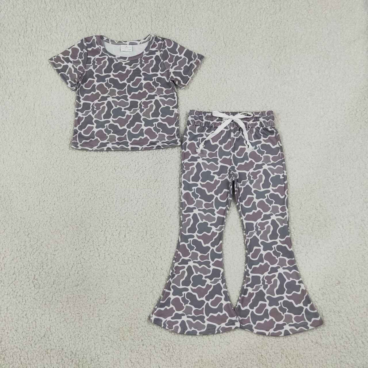 GSPO1889 Dark Grey Camo Print Short Sleeve Top Bell Pants Girls Clothes Set