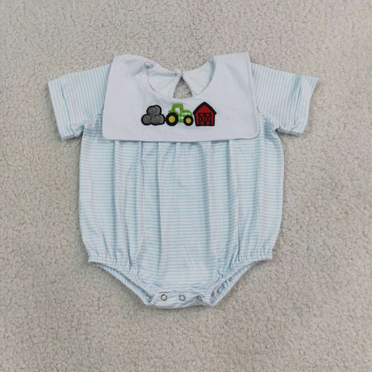 SR4075 Farm Tractors Embroidery Blue Stripes Baby Boys Short Sleeve Romper