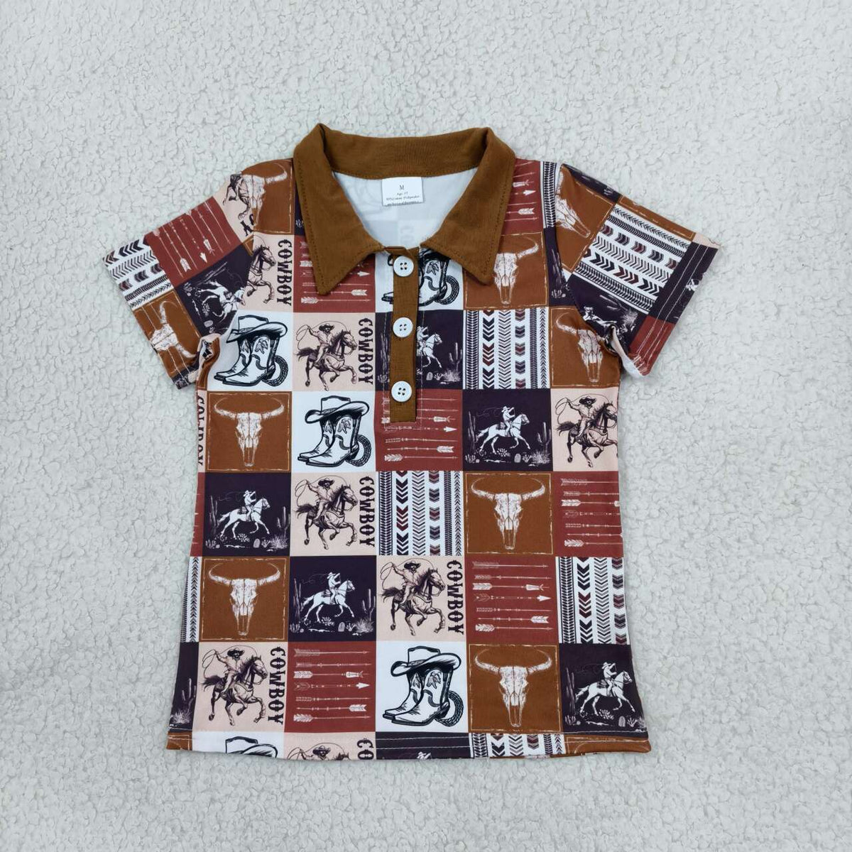 BT1670 Cowboy Skull Checkered Print Boys Short Sleeve Polo Top