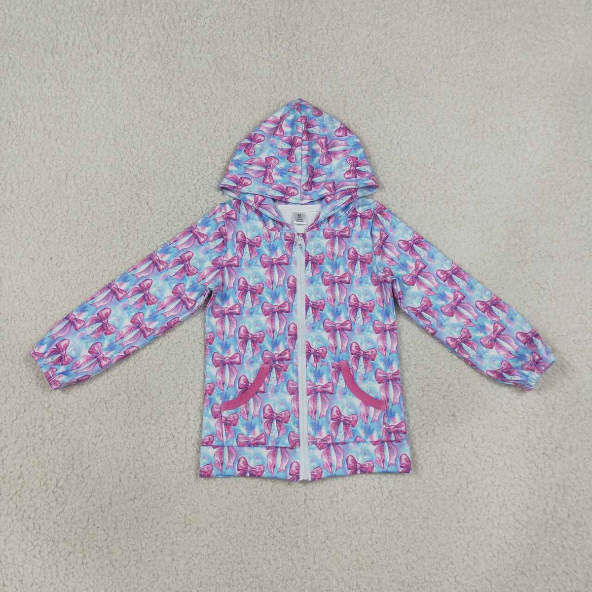 Pink Bows Blue Girls Full Zipper Hoodie Yoga Jacket Top